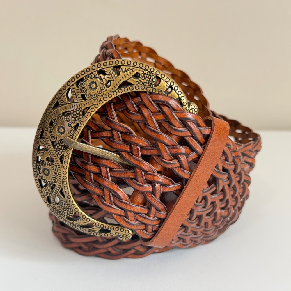 Brown Woven Braided Belt Ornate Filigree Crescent Buckle Boho Wide Adjustable